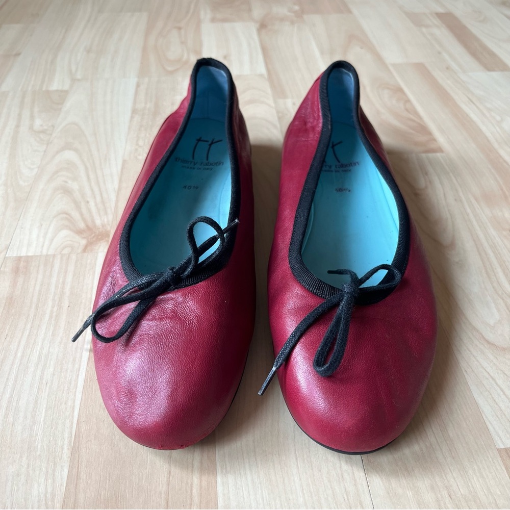Thierry Rabotin Red Leather Ballet Flats Black Trim Women’s EU 40.5 Italy